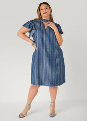 Printed Keyhole Chambray Dress Indigo | Ashley Stewart