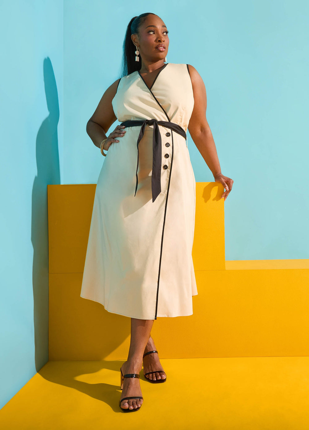Cotton Blend A Line Wrap Dress Bleached Sand | Ashley Stewart