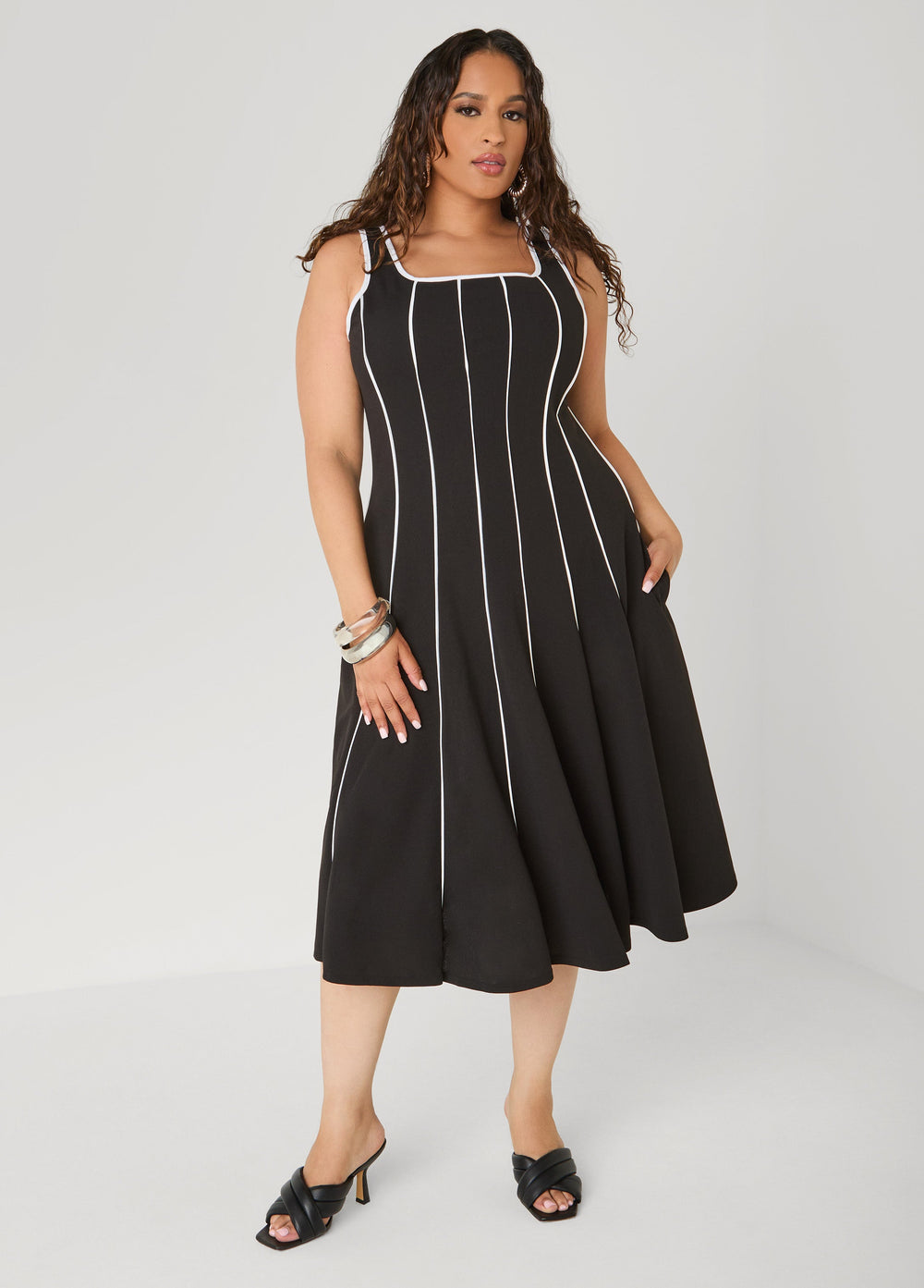 Piped A Line Midi Dress Black | Ashley Stewart