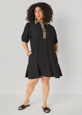 Leopard Trimmed Flounced Dress Black Combo | Ashley Stewart