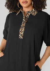Leopard Trimmed Flounced Dress Black Combo | Ashley Stewart
