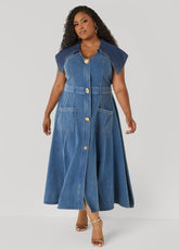 Shawl Collar Paneled Denim Dress Denim Blue | Ashley Stewart