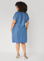 Faux Pearl Chambray Dress Medium Blue | Ashley Stewart