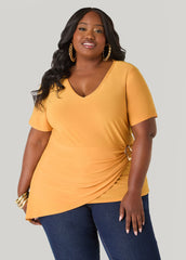 Gathered Embellished V Neck Top Mustard | Ashley Stewart