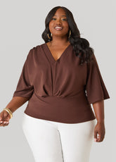 V Neck Stretch Crepe Top Brown | Ashley Stewart