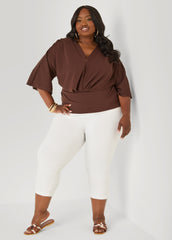 V Neck Stretch Crepe Top Brown | Ashley Stewart