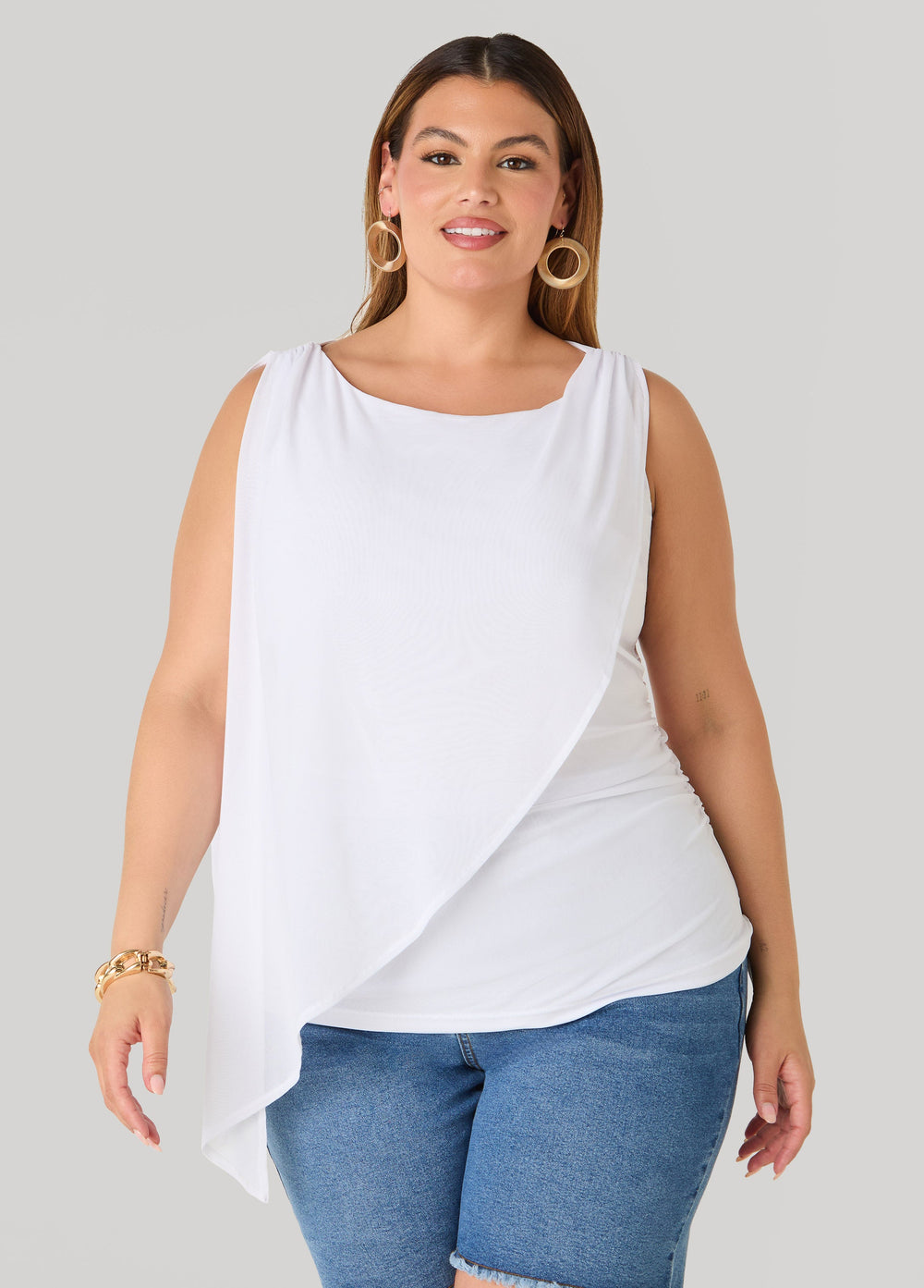 Asymmetric Draped Mesh Top White | Ashley Stewart