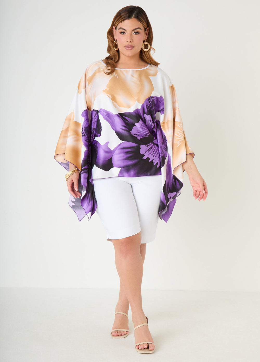 Draped Sleeve Floral Print Tunic Navy Peony | Ashley Stewart
