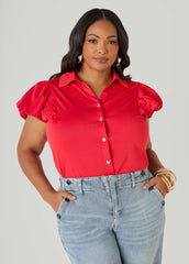 Puff Sleeved Paneled Shirt Poinsettia | Ashley Stewart