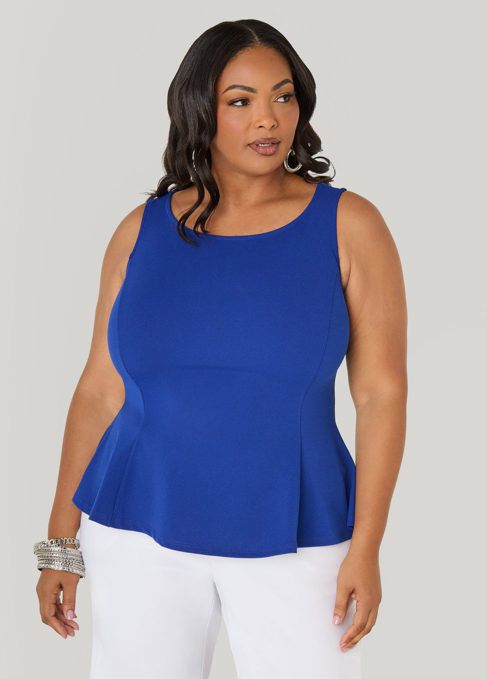 Stretch Crepe Peplum Top Royal Blue | Ashley Stewart