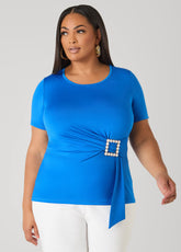 Faux Pearl Brooch Gathered Top Victoria Blue | Ashley Stewart