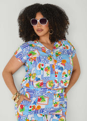 Printed Button Front Cropped Shirt Blue | Ashley Stewart