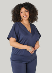V Neck Athletic Knit Top Navy | Ashley Stewart