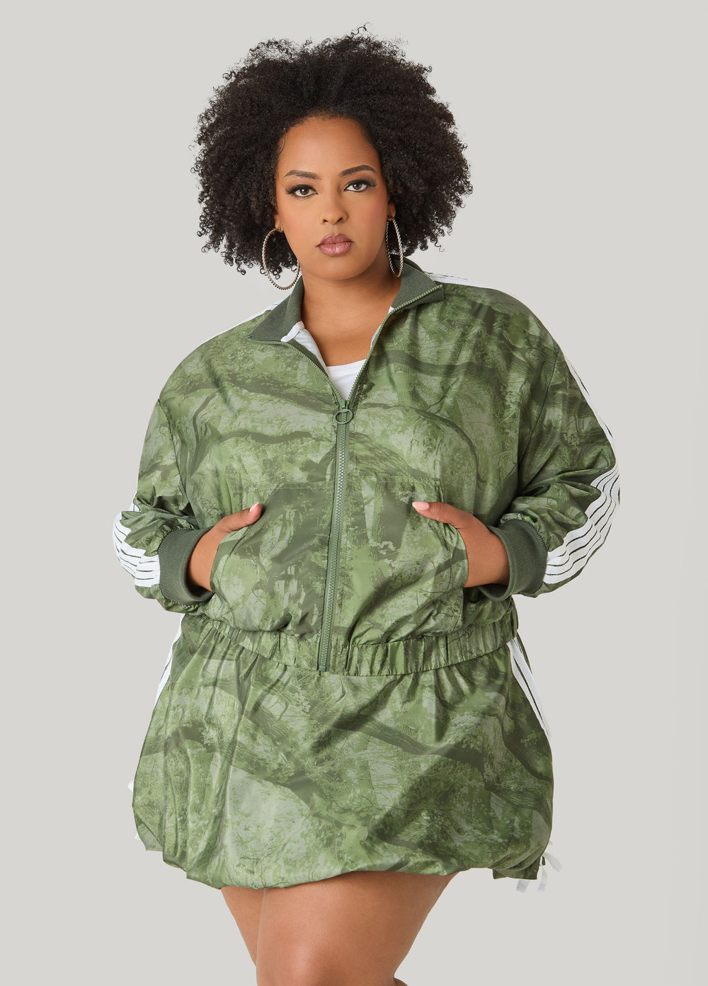 Camo Print Zip Front Jacket Olive | Ashley Stewart