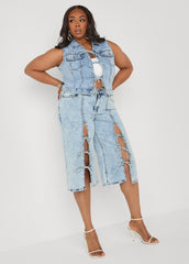 Tie Front Acid Wash Denim Capris Acid | Ashley Stewart