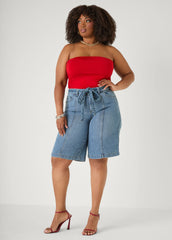 Braided Belt Bermuda Shorts Denim Blue | Ashley Stewart