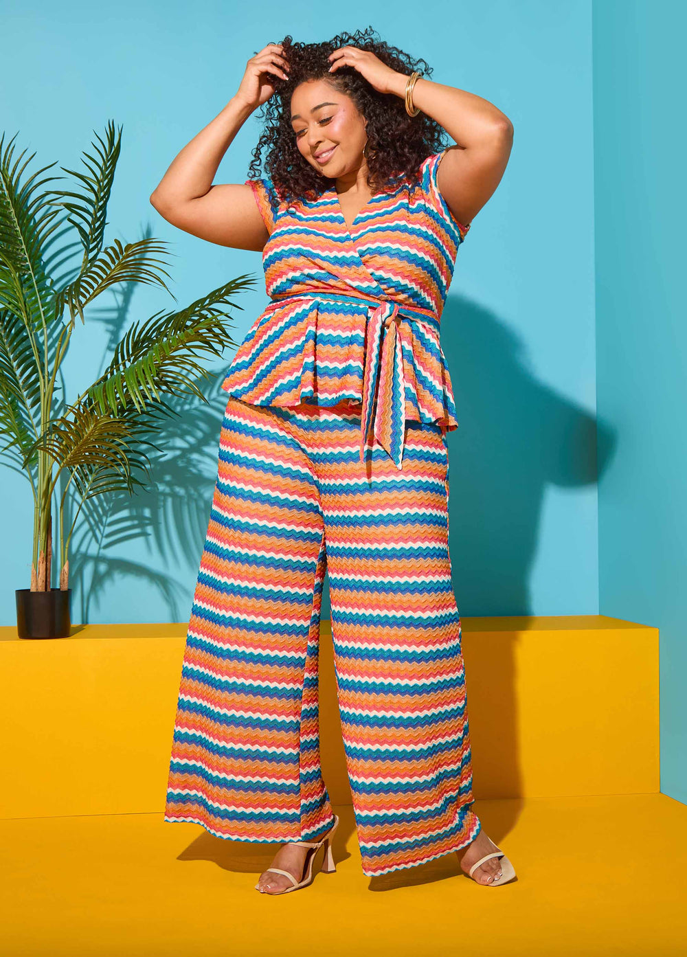 Chevron Knit Wide Leg Pants Caribbean Sea | Ashley Stewart