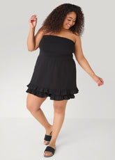 Strapless Smocked Ruffled Romper Black | Ashley Stewart