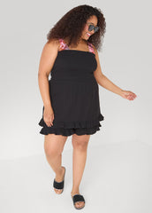 Strapless Smocked Ruffled Romper Black | Ashley Stewart