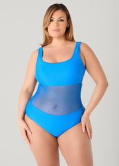 Mesh Paneled V Back Swimsuit Victoria Blue | Ashley Stewart