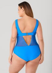 Mesh Paneled V Back Swimsuit Victoria Blue | Ashley Stewart