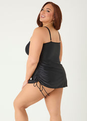 Side Drawstring Swimdress Black | Ashley Stewart