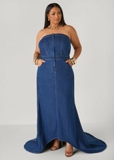 Tall Strapless Denim Paneled Maxi Dress Indigo | Ashley Stewart