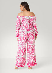 Off The Shoulder Floral Jumpsuit Fandango Pink | Ashley Stewart