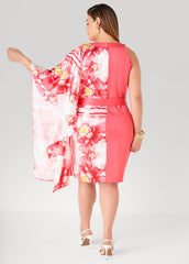 Paneled Floral Satin Dress Calypso Coral | Ashley Stewart