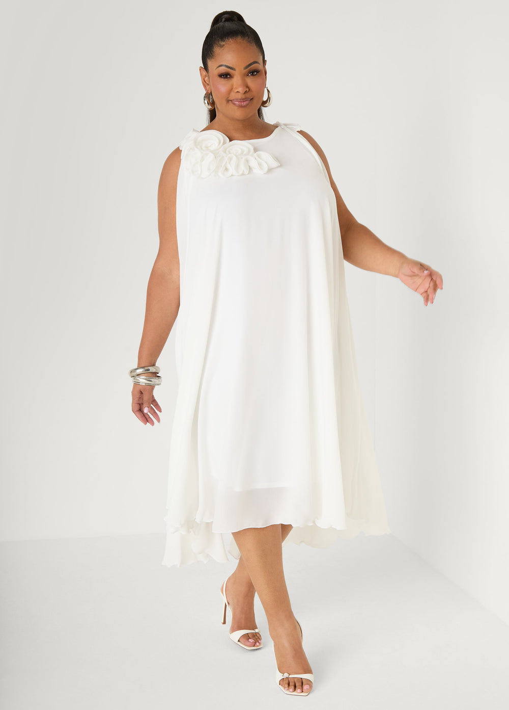 Rosette Midi Dress White | Ashley Stewart