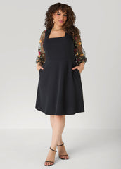 Embroidered Sleeve A Line Dress Black | Ashley Stewart
