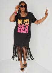 Healing Era Fringed T Shirt Dress Black | Ashley Stewart