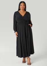 Split Sleeved A Line Maxi Dress Black | Ashley Stewart