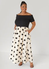 Off The Shoulder Polka Dot Dress White Black | Ashley Stewart