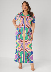 Plus Size Royal Blue Maxi Dress | Psychedelic Cold Shoulder Multi | Ashley Stewart
