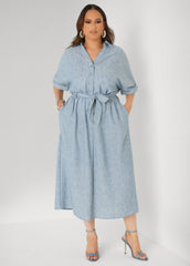 Plus Size Collared Shirtdress | Relaxed Midi Tie Waist in Sage & Chambray Blue Navy | Ashley Stewart