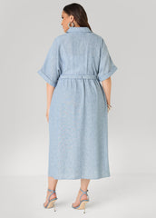 Plus Size Collared Shirtdress | Relaxed Midi Tie Waist in Sage & Chambray Blue Navy | Ashley Stewart