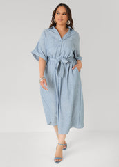 Plus Size Collared Shirtdress | Relaxed Midi Tie Waist in Sage & Chambray Blue Navy | Ashley Stewart