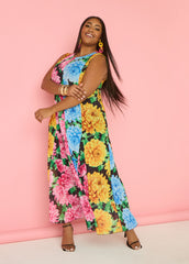 Floral Print Mesh Maxi Dress Black Combo | Ashley Stewart