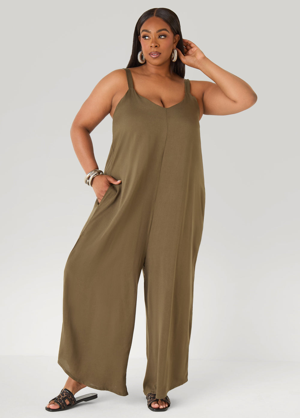 Woven Wide Leg Jumpsuit Olive Night | Ashley Stewart