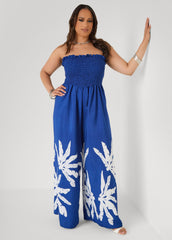 Strapless Leaf Print Jumpsuit Sodalite | Ashley Stewart