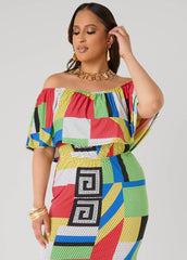 Off The Shoulder Geo Maxi Dress Multi | Ashley Stewart