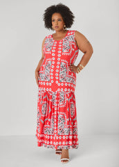 Flounced Bandana Print Maxi Dress Poinsettia | Ashley Stewart