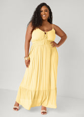 Smocked Tie Front Maxi Dress Yellow | Ashley Stewart