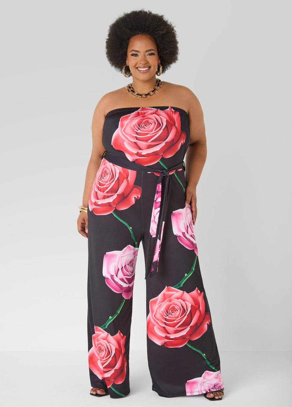 Strapless Rose Print Jumpsuit Black Combo | Ashley Stewart