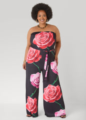 Strapless Rose Print Jumpsuit Black Combo | Ashley Stewart