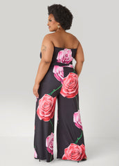 Strapless Rose Print Jumpsuit Black Combo | Ashley Stewart