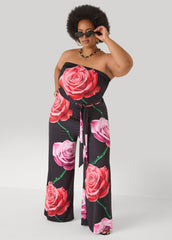 Strapless Rose Print Jumpsuit Black Combo | Ashley Stewart