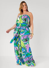 Strapless Leaf Print Jumpsuit Victoria Blue | Ashley Stewart