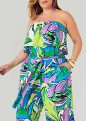 Strapless Leaf Print Jumpsuit Victoria Blue | Ashley Stewart